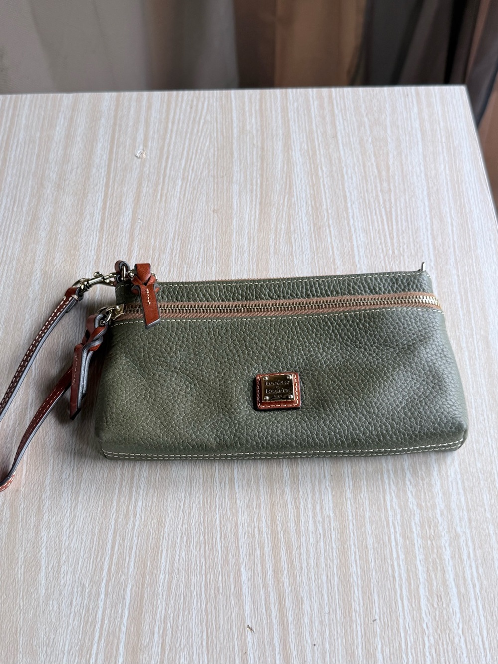 Dooney & Bourke Olive Green Pebbled Leather Wristlet with Brown Trim